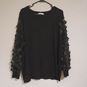 Sioni Black Top with Floral Embellished Sleeves